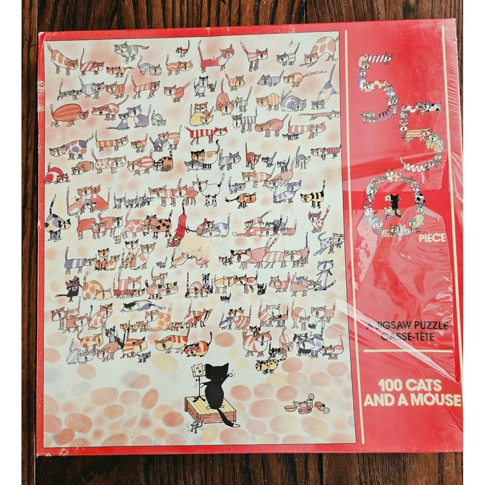 Vintage 100 Cats and a Mouse Jigsaw Puzzle 550 Piece Feline Animal Art Red Box